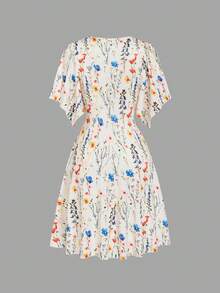 Elenzga New V-Neck Ruched Bust Ruffled Sleeve Waist Cinched Elegant Ditsy Floral Mini Dress For Women - Multicolor - View 2