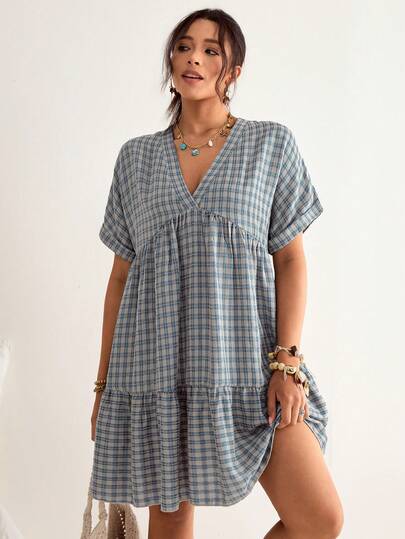 Freevana 大码格子蝙蝠袖荷叶边宽松连衣裙，沙滩裙，度假波西米亚风