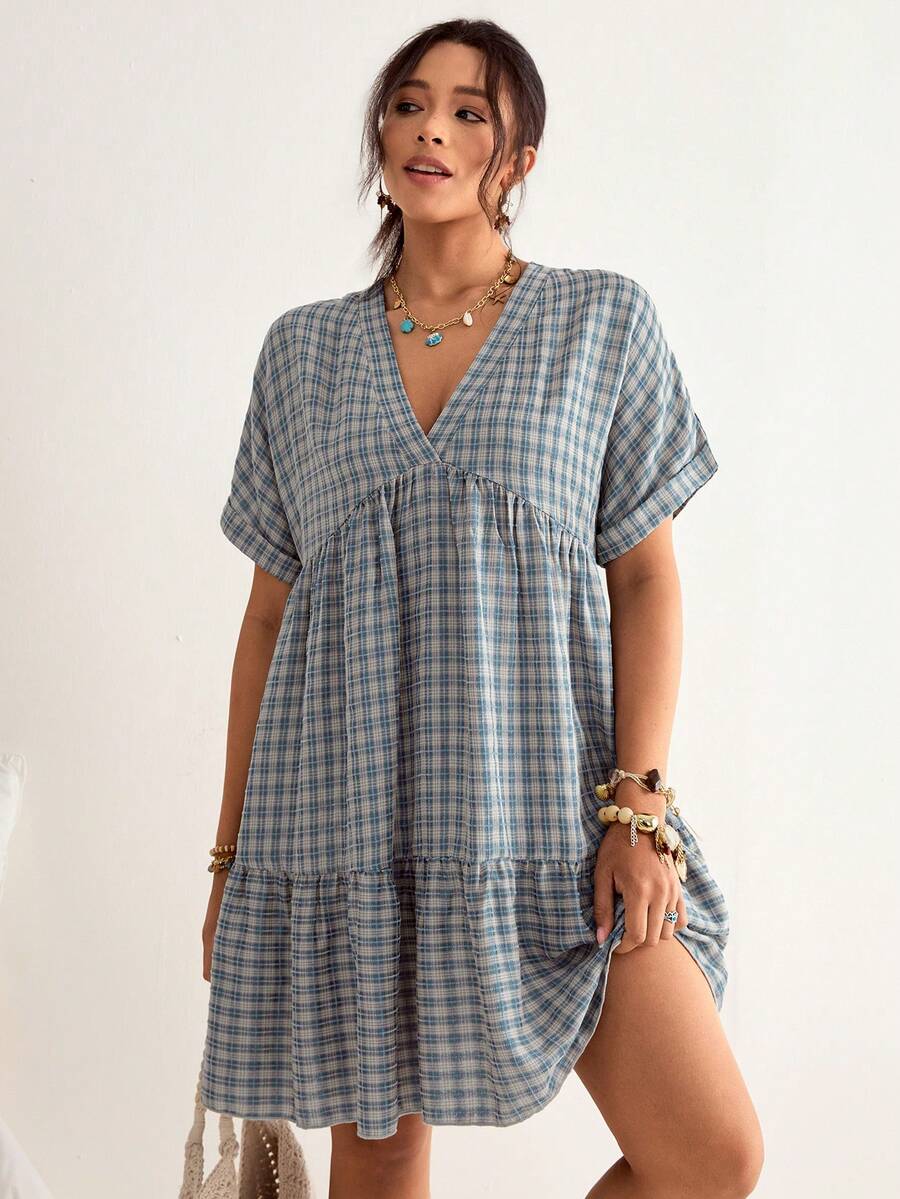 Plus Size Plaid Batwing Sleeve Ruffle Hem Loose Dress, Beach Dress, Vacation Bohemian Style, Summer Dresses - Multicolor - View 1
