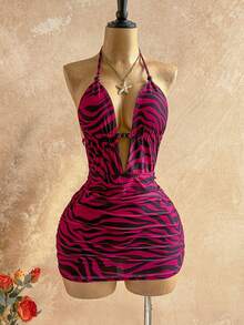 Soleia 女士性感深V领系带露背迷你连衣裙，褶皱修身设计，适合派对、约会、下午茶、时尚夏季海滩度假等场合 - 彩色 - 查看 3