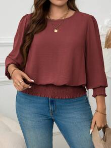 SHEIN LUNE 大码休闲纯色泡泡袖衬衫 新年女装 节日锈棕色长袖上衣 女士休闲上衣 秋季上衣 女士褶皱下摆上衣 女士上衣 休闲上衣 - 紅木色 - 查看 5