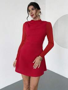 SHEIN PETITE CURVE Plus Size Elegant Red Satin Dress,Autumn Party Wedding Guest Dress For Women,Solid Color Waist Cinched Long Sleeve Curve Birthday Carnival Costume - Red - View 5