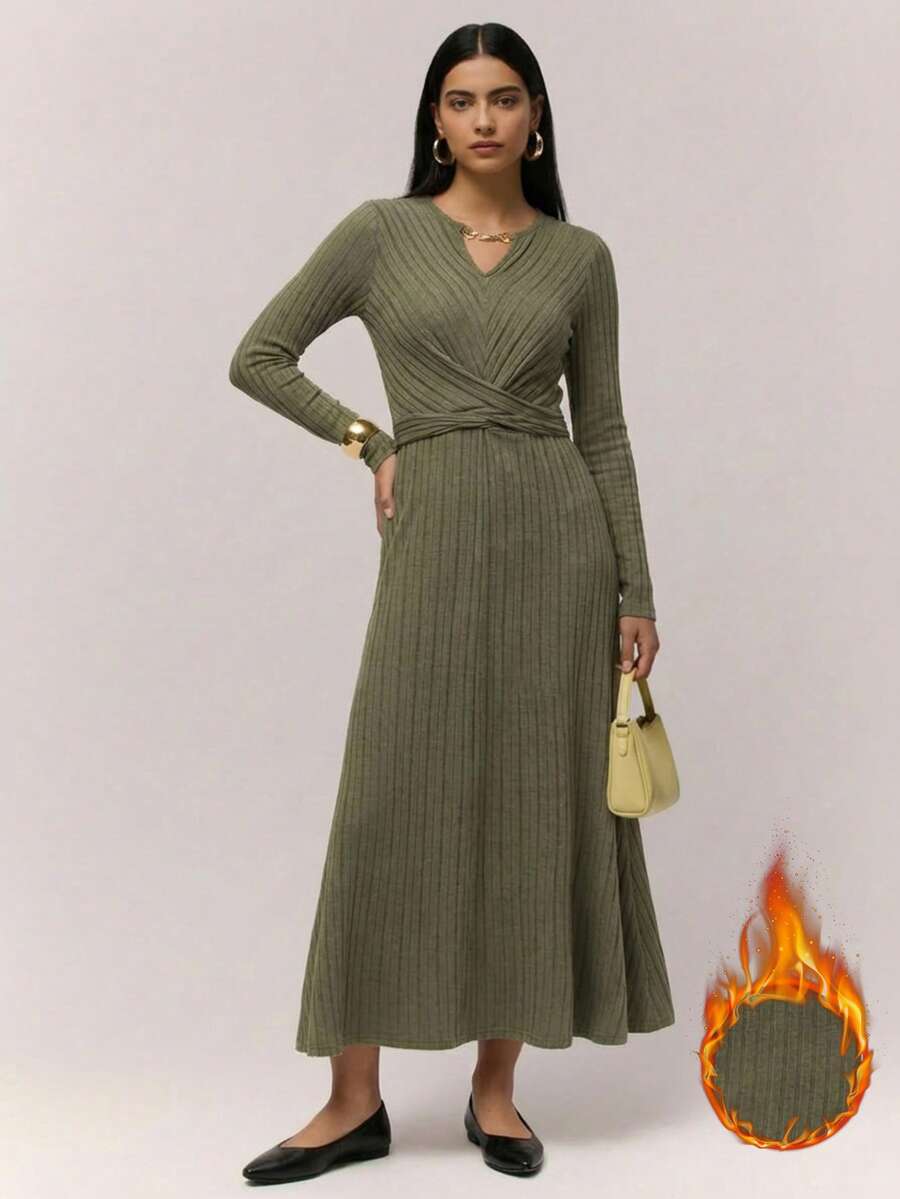 Modelyn Vestido Longo Casual Feminino de Cor Sólida com Cintura Franzida - Verde Militar - Visão 1