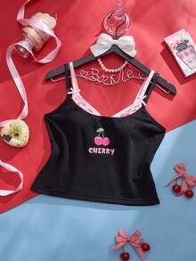 SHEIN 1件夏季格子拼接樱桃印花短款吊带背心 - 彩色 - 查看 1