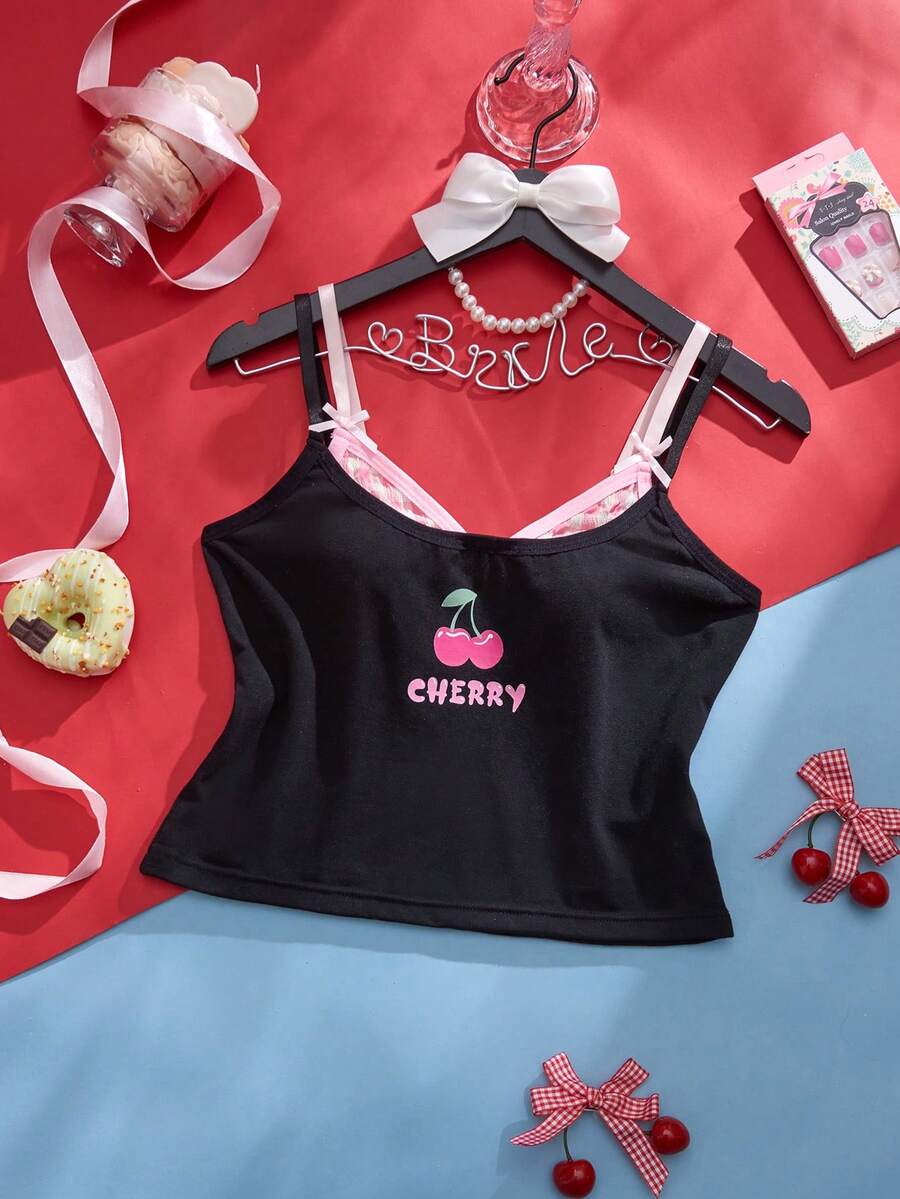 SHEIN 1件夏季格子拼接樱桃印花短款吊带背心 - 彩色 - 查看 1