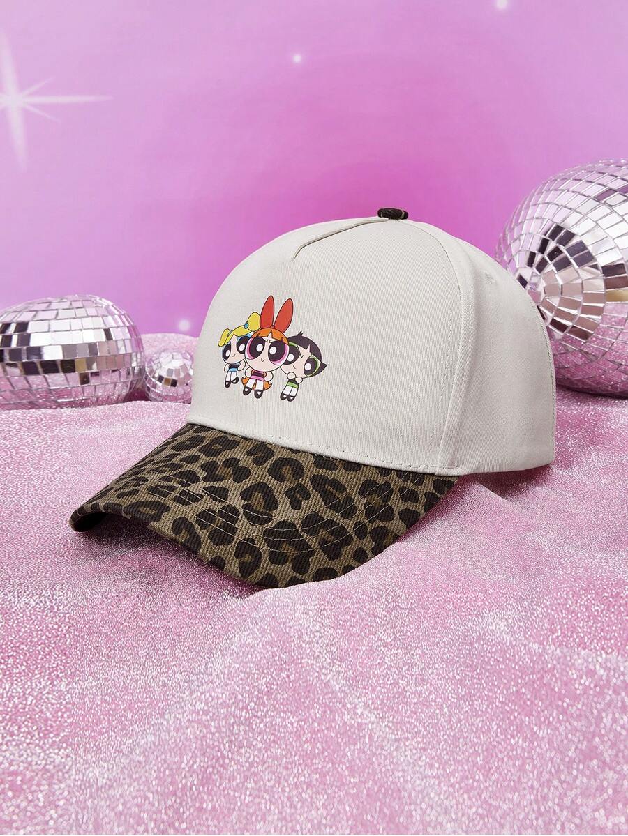 THE POWERPUFF GIRLS X SHEIN 1 Stück POWERPUFF GIRLS Muster Kontrast Leopard Baseball Kappe, Baseball Spiel passend, Basketball, Herbst, Sportsstil, 90er Jahre, verstellbare lässige Kappe Sportkappe für Frauen & Männer, Sonnenschutz lässige Kappe für Reisen, Partys und Strand