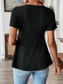 SHEIN LUNE Top à manches courtes col V couleur unie affinant la taille pour femmes - Noir - Voir 2