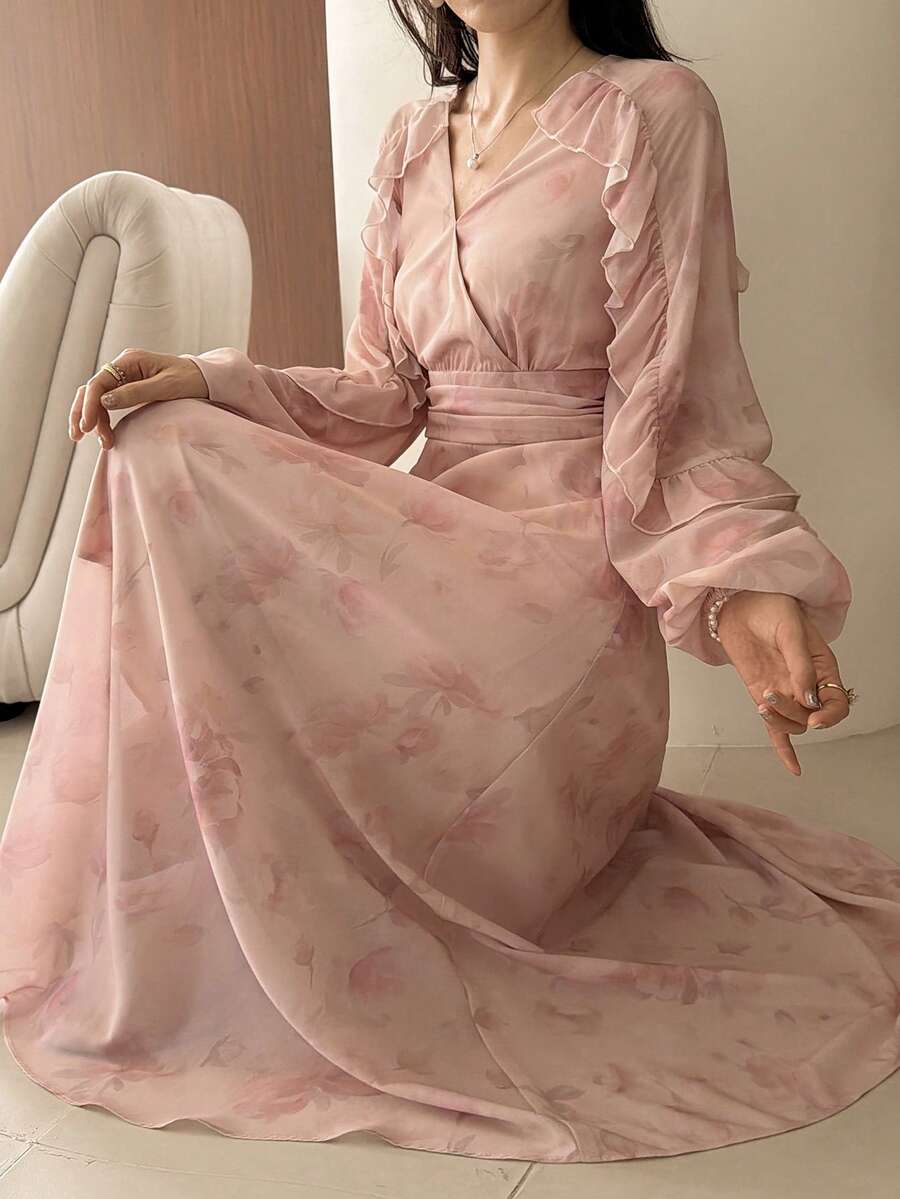 DAZY 春夏印花连衣裙，优雅修身中长连衣裙，适合情人节、婚礼、派对、正式场合、通勤等场合，深色花卉图案，长袖吊带裙 - 粉色 - 查看 1