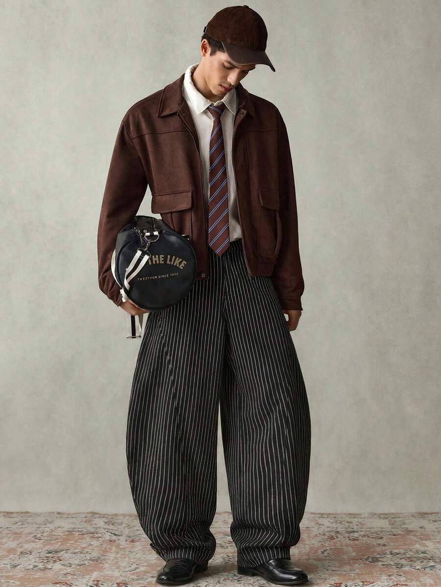 SWAVVY Men's Casual Everyday Commute Fashion Striped Print Loose Straight Leg Jeans Men Wide Leg Pants Pinstripe Pants Pleated Pants - Black - View 1