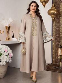 Al Najma Abito da donna elegante taglie forti con patchwork ricamato e paillettes, con dettagli in pizzo, in stile arabo - Grigio Chiaro - Visualizzare 4