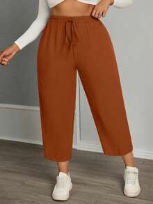 SHEIN PETITE CURVE Plus Size Women Casual Drawstring Waist Straight Leg Pants, Solid Color, Versatile For Daily Commute - Brown - View 4