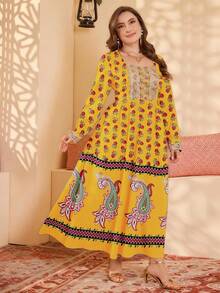 Al Najma Großgrößen Kleid mit Blume Muster und quadratischem Ausschnitt, elegant, Herbst - Gelb - Übersicht 4