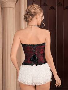 Myrelith 1pc Women Floral Jacquard Frill Trim Front Tie Fitted Camisole Top - Multicolor - View 2