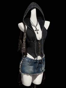 SHEIN ICON 女士时尚街头风前扣抽绳连帽背心，夏季 - 黑色 - 查看 3