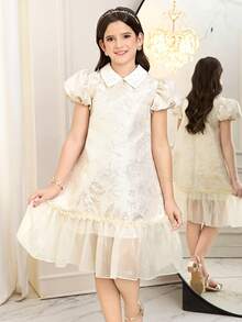 SHEIN Tween Girl Collared Short Sleeve Mesh Dress