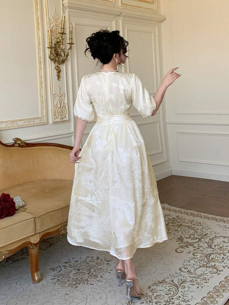 Women's Elegant Floral V-Neck Lantern Sleeve Midi Dress, Summer Wedding Guest Dress Sundress