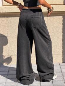 Muchica 女士休闲抽绳水洗黑色阔腿裤 - 黑色 - 查看 2