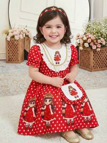 Cute Baby Girl Red And White Digital Print Dress With Elastic Cuff Short Sleeves,Summer Birthday Party Festive Outfits For Spring/Autumn Everyday - White - View 1
