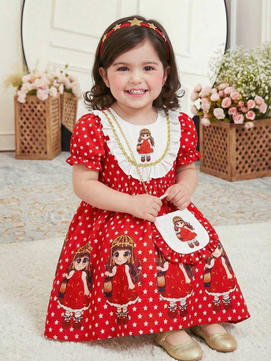 Cute Baby Girl Red And White Digital Print Dress With Elastic Cuff Short Sleeves,Summer Birthday Party Festive Outfits For Spring/Autumn Everyday - White - View 1