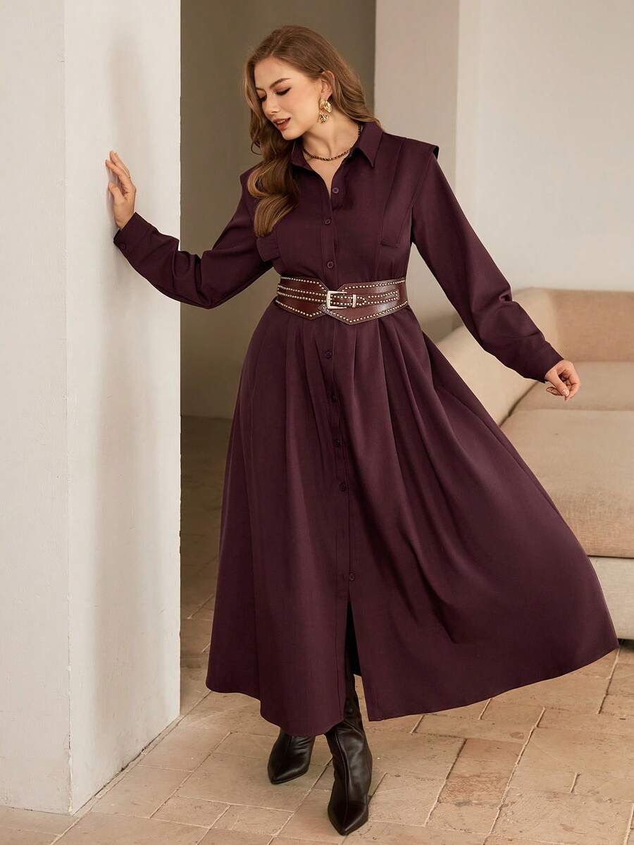 Roveilla Plus Size Women's Burgundy Autumn Elegant Formal Solid Color Open Front Button Down Waist Pleated A-Line Long Sleeve Midi Dress,French Retro Style - Maroon - View 1