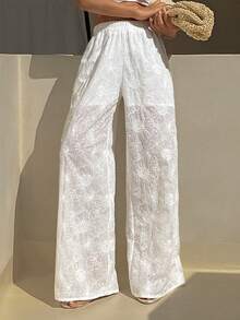 Livesso Pantalones casuales de mujer con cordón en la cintura, unicolor, bordados, estilo boho para vacaciones - Blanco - Ver 4