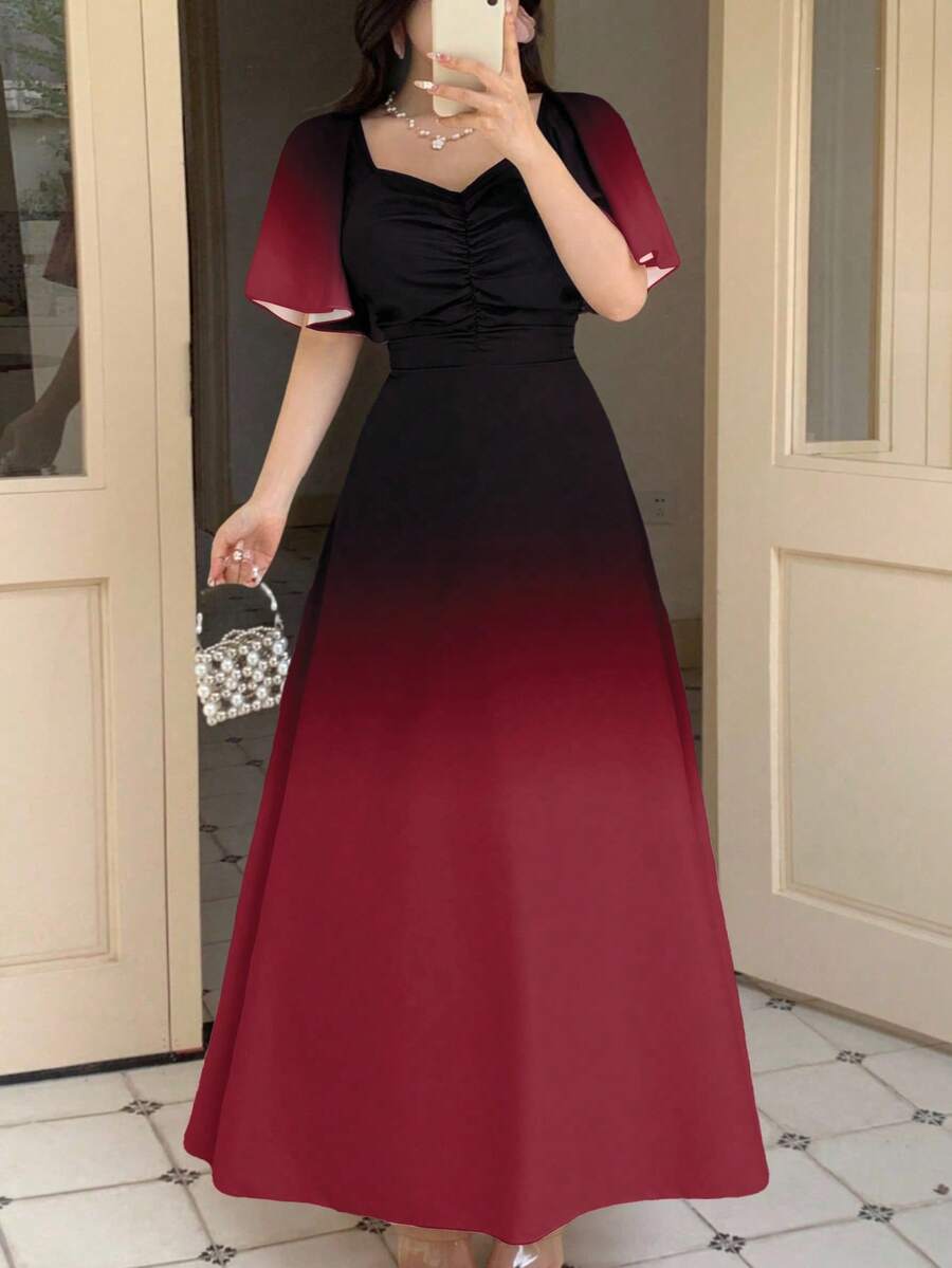 Modelyn 女士黑粉渐变蝙蝠印花褶皱短袖甜美法式夏日连衣裙 - 酒紅色 - 查看 1
