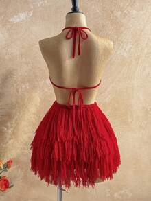 Soleia Autumn/Winter Red Fringe Sexy Women Sweater Mini Dress Summer Spring Valentine's Day Casual Vacation  Beach Wedding Birthday Going Out Elegant Casual Vacation Y2K - Red - View 2