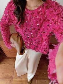 Elyressa 1pc Fashionable Fluffy Sequin European Design Loose Relaxed Fit Crew Neck Pullover Sweater, Cropped Soft & Cozy Elegant Women Winter Outfit - Hot Pink - View 7