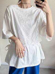FRIFUL Women's Round Neck Loose Lace Tie-Up Splicing Camisole Design Casual T-Shirt For Commuting - White - View 5