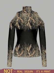 Modelyn Áo thun dài tay nữ thời trang dự tiệc, cổ đứng, hở vai, in họa tiết đính sequin - Nhiều màu - Xem 1