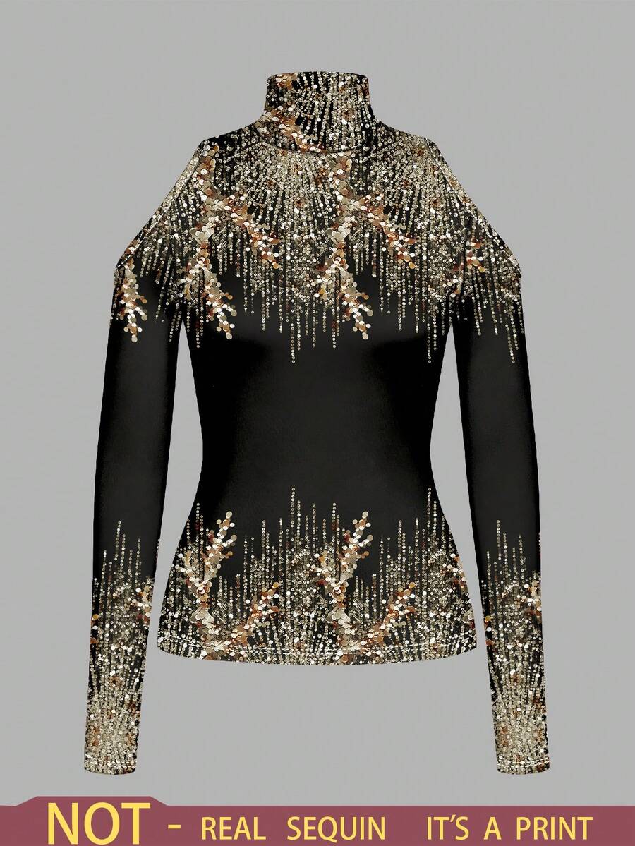 Modelyn Áo thun dài tay nữ thời trang dự tiệc, cổ đứng, hở vai, in họa tiết đính sequin - Nhiều màu - Xem 1