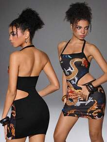 Shutterstock Y2Kool Women's All-Over Print Hollow Out Sleeveless Mini Dress Graphic Dress Cut Out Dress Bodycon Dress Dragon Print Dress Halter Dress Halter Mini Dress Cut Out Bodycon Dress Bodycon Summer Dress Spring Outfits Women Y2K Carnival Clothes,Valentine's Day - Black and Gold - View 4