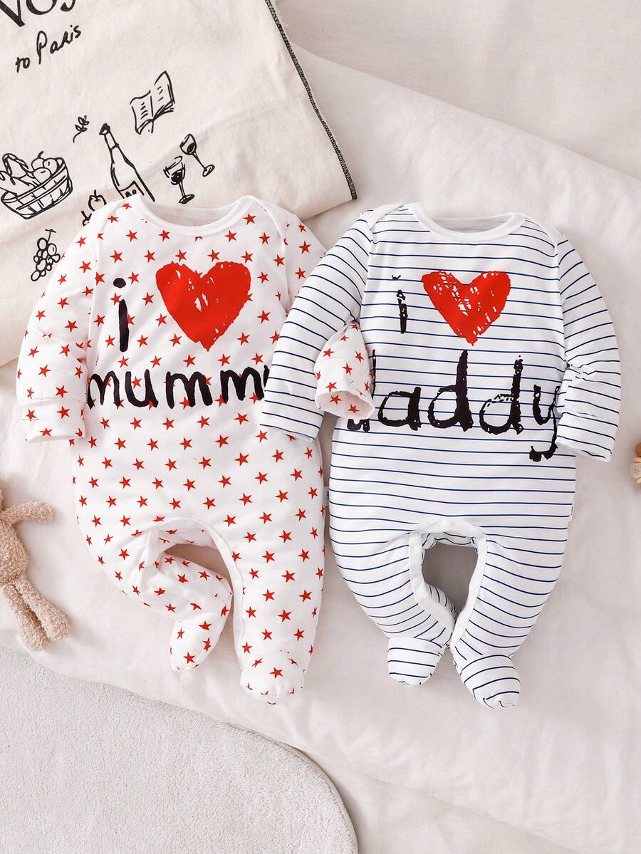 2pcs Newborn Simple Striped Heart & Letter Print Long Sleeve Footed Romper Pajama Set - Multicolor - View 1