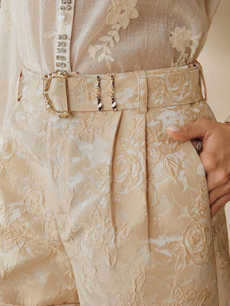 Anewsta Quần short nữ màu sâm panh thanh lịch, chất liệu jacquard, có thắt lưng. - Rượu sâm banh - Xem 1