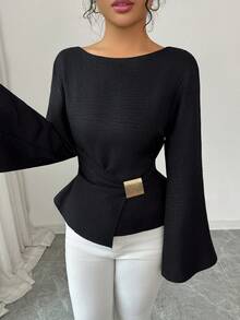 Elenzga Áo sơ mi nữ dáng suông, tay chuông, thắt eo trang trí khóa kim loại, cỡ tiêu chuẩn, thích hợp cho công sở. - màu đen - Xem 3