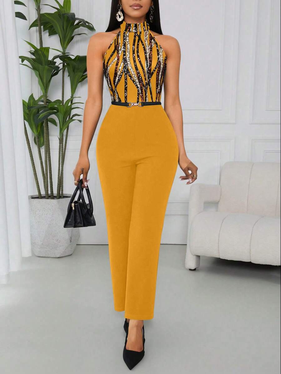 Lyxana 女士优雅印花露背连体裤 - 黃色 - 查看 1
