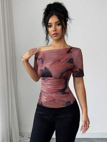 SHEIN Elenzya 女士咖啡棕色渐变不对称领口褶皱腰部短袖时尚优雅T恤，春夏款 - 咖啡棕 - 查看 4