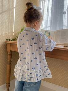 DAZY Young Girl Striped Bow Print Long Sleeve Ruffle Hem Cute Blouse Spring - Multicolor - View 5