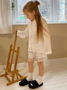 DAZY Young Girls Lace Patchwork Satin Loose Shirt Top & Super Shorts Loungewear Set, Fall Spring - White - View 5
