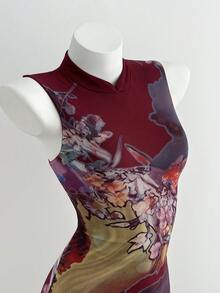 Elamini 女士印花修身鱼尾优雅无袖旗袍连衣裙 - 酒紅色 - 查看 5