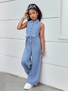 少女春夏假期蝴蝶结扭腰设计休闲宽松牛仔连体裤，立领，适合女孩夏季海滩波西米亚风度假，夏季音乐会、节日、锐舞派对等场合，也适合女孩夏季早午餐、教堂、毕业典礼等场合，以及街头风返校季穿着。 - 淺色水洗藍 - 查看 6