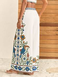 CAJUNI Damen Hose Elfenbein Multi Sommer Gewebe Relaxed Fit, Hoher Bund, künstlerischer Jacquard-Stil tropischer Vogel- und Blumenrandaufdruck, weite lange Hose, Boho Resort Stil für Urlaub, Strandtag und Feiertage, Frühlingsferien, Valentinstag, Strand für Frauen, Urlaub Frauen, trägerlos Sommer, Sommerurlaub, Frühling, Valentinstag, Karnevalskostüm, Fasching Frauenkostüm, Strand, Urlaub Frauen, Lässig Frauen, Party - Beige - Übersicht 2
