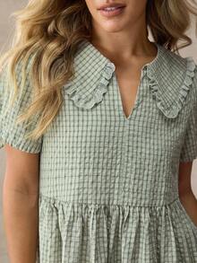 WESTFADE Eyelet Ruffle Peter Pan Collar Notch Neck Short Puff Sleeve Checkered Grid Plaid Babydoll Mini Dress - Multicolor - View 5