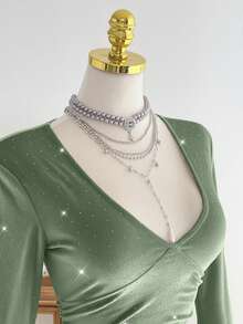 Elamini Vestido ajustado con cuello drapeado, espalda descubierta y cintura fruncida, de otoño - Verde - Ver 6