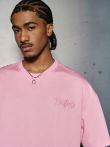 PAVTROS 男士街头风流行INS风蜘蛛网3D刺绣户外音乐节夜店酒吧男友老公礼物周年纪念礼物粉色T恤 - 粉色 - 查看 2