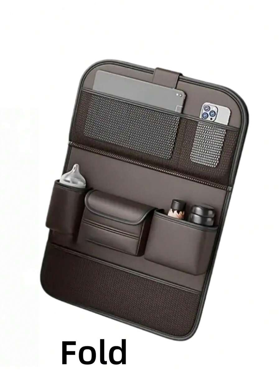 1pc/2pcs Brown Car Seat Back Storage Bag, Large Capacity Car Seat Back Storage Bag With Foldable Tablet Tray, Cup Holder/Tissue Holder, Rear Seat Storage Bag, Multi-Pocket Car Storage Bag. - Brown - View 1