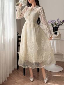DAZY Abito lungo elegante da donna con lacci, abito da cerimonia primaverile/estivo per matrimoni - Albicocca - Visualizzare 6