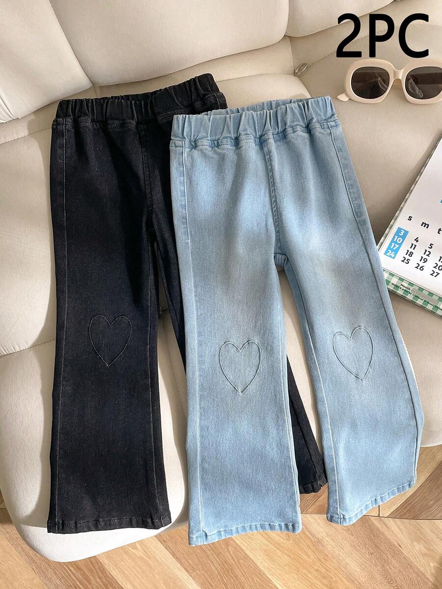 2条装女童牛仔裤，浅蓝色和黑色，带心形图案，适合情人节穿着，款式多样，可爱百搭。 - 彩色 - 查看 1