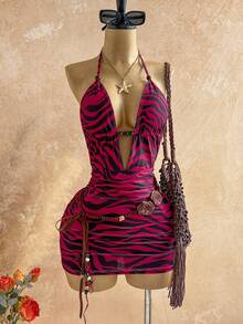 Soleia 女士性感深V领系带露背迷你连衣裙，褶皱修身设计，适合派对、约会、下午茶、时尚夏季海滩度假等场合 - 彩色 - 查看 6