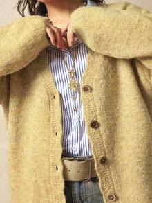 Bohemela 复古宽松针织前开襟纯色休闲长袖开衫 - 淡黃色 - 查看 5